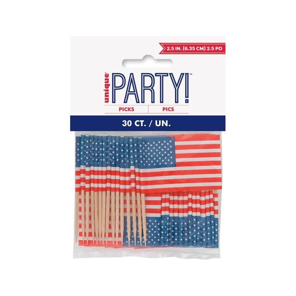 30 Mini Piques Drapeaux USA - U4914 - Pailles, Pics & Agitateurs