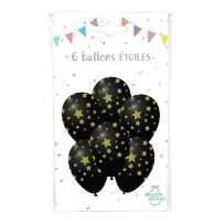 6 Ballons Latex 30 cm Noirs Étoiles Or - 36449 - Ballons Latex Imprimés
