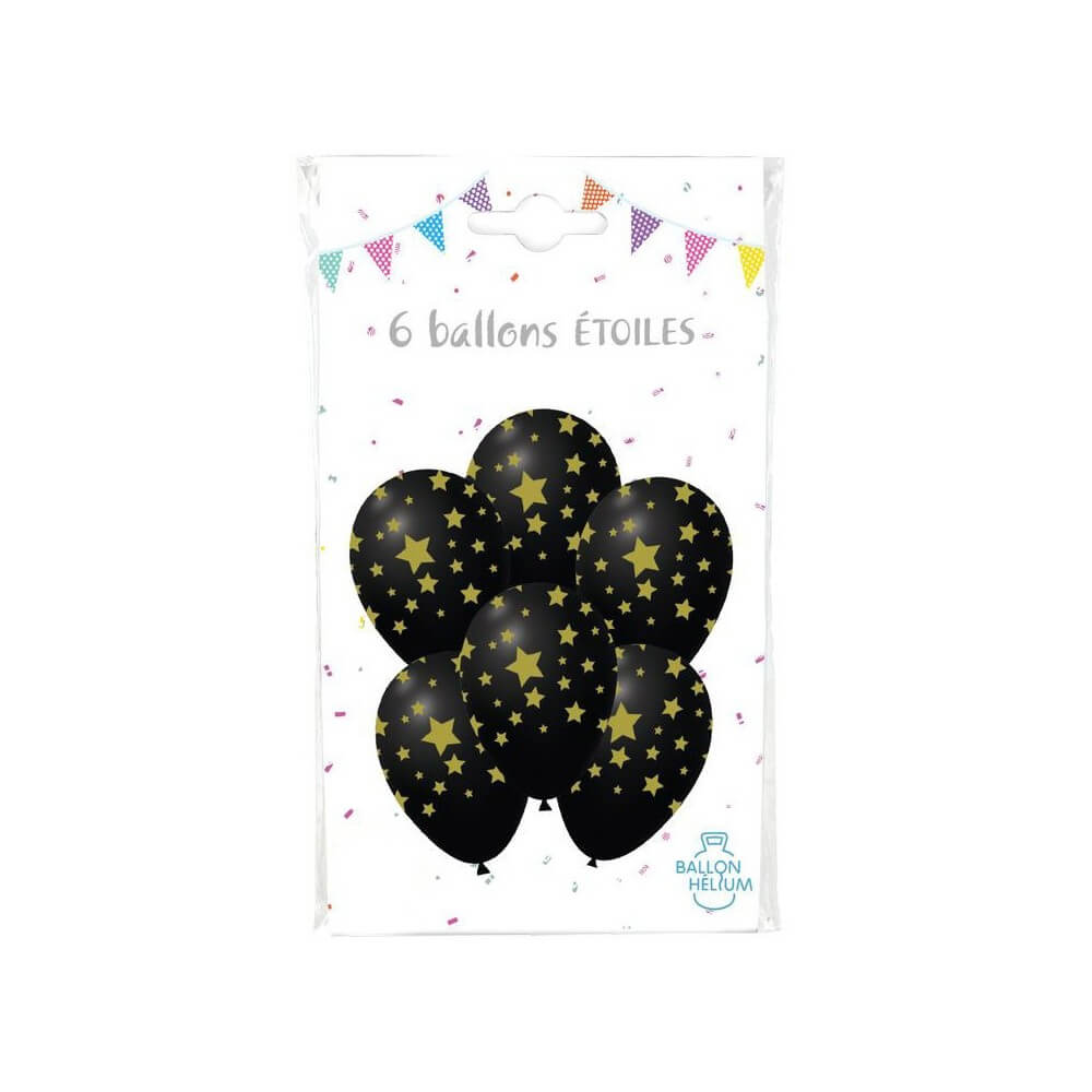 6 Ballons Latex 30 cm Noirs Étoiles Or - 36449 - Ballons Latex Imprimés