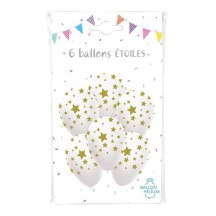6 Ballons Blancs 30 cm Étoiles Or - 36450 - Ballons Latex Imprimés