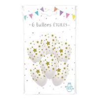 6 Ballons Blancs 30 cm Étoiles Or - 36450 - Ballons Latex Imprimés
