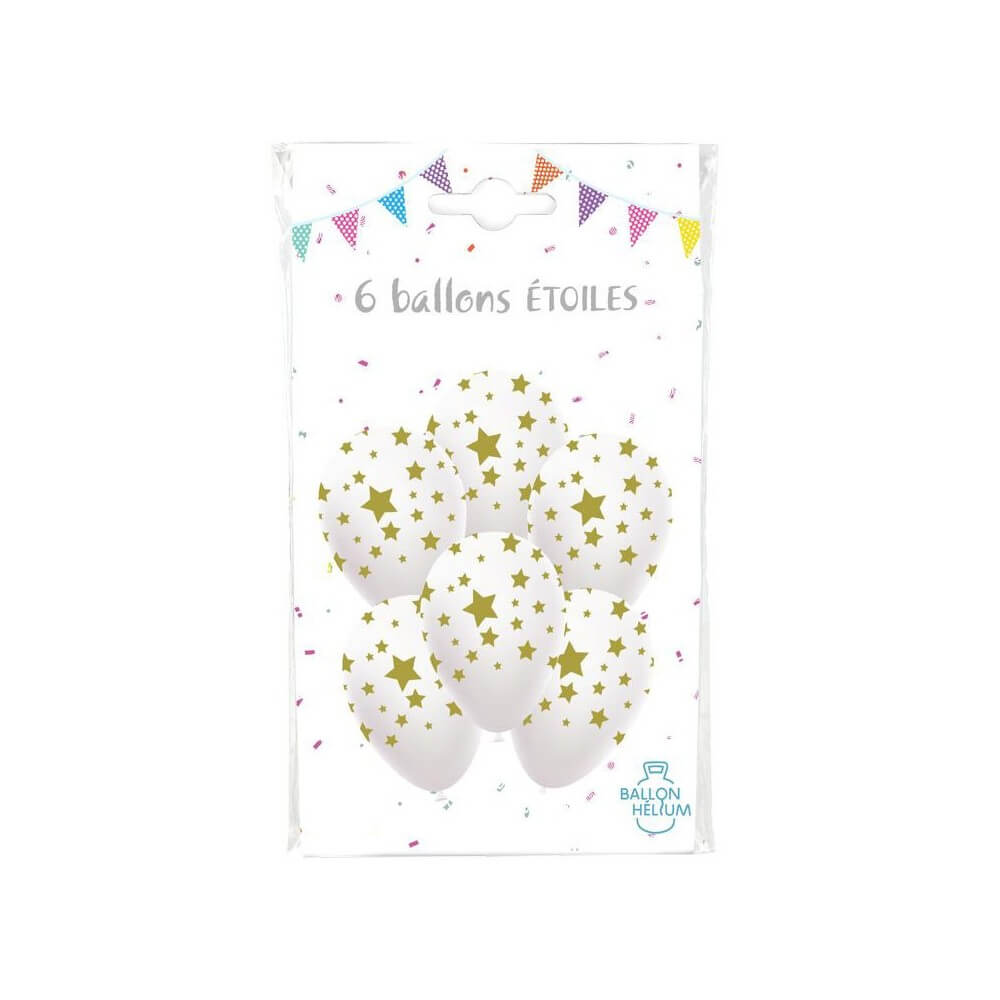 6 Ballons Blancs 30 cm Étoiles Or - 36450 - Ballons Latex Imprimés