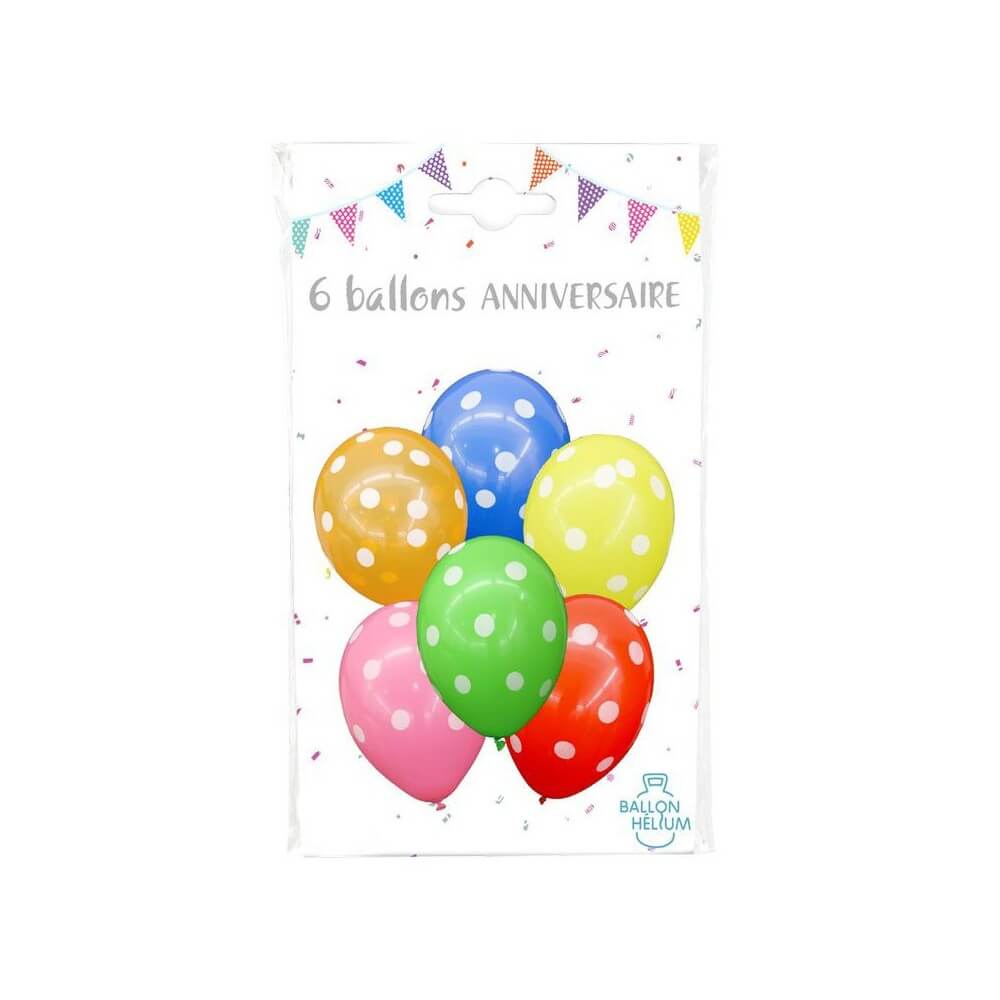 6 Ballons 30 cm Imprimés Pois Blanc Assortis - 36439 - Ballons Latex Imprimés