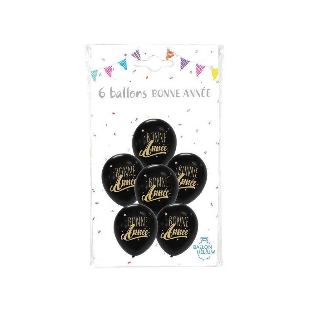 6 Ballons Bonne Année Noir & Or 30 cm - 36468GONO - Ballons Latex Imprimés