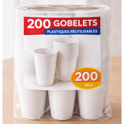 200 Gobelets plastiques blancs réutilisables 20 cl - 142177 - Gobelets