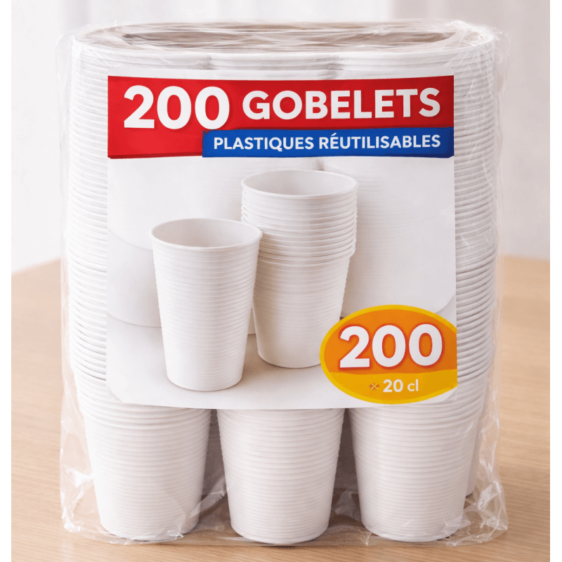 200 Gobelets plastiques blancs réutilisables 20 cl - 142177 - Gobelets