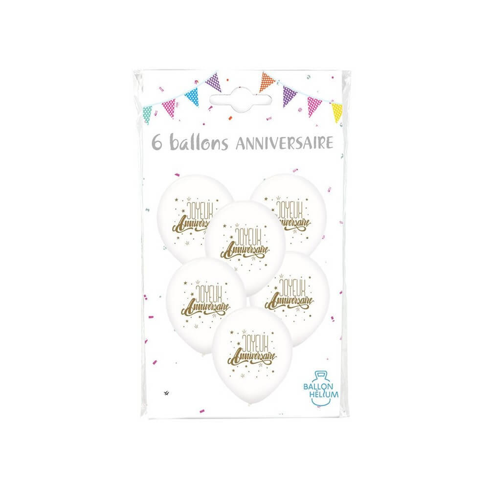 6 Ballons Latex Joyeux Anniversaire Blanc 30 cm - 36456BL - Ballons Latex Imprimés