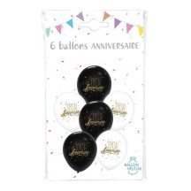 6 Ballons Joyeux Anniversaire Blanc / Noir 30 cm - 36456 - Ballons Latex Imprimés