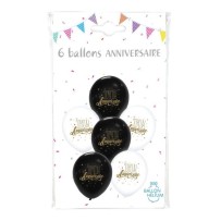 6 Ballons Joyeux Anniversaire Blanc / Noir 30 cm - 36456 - Ballons Latex Imprimés