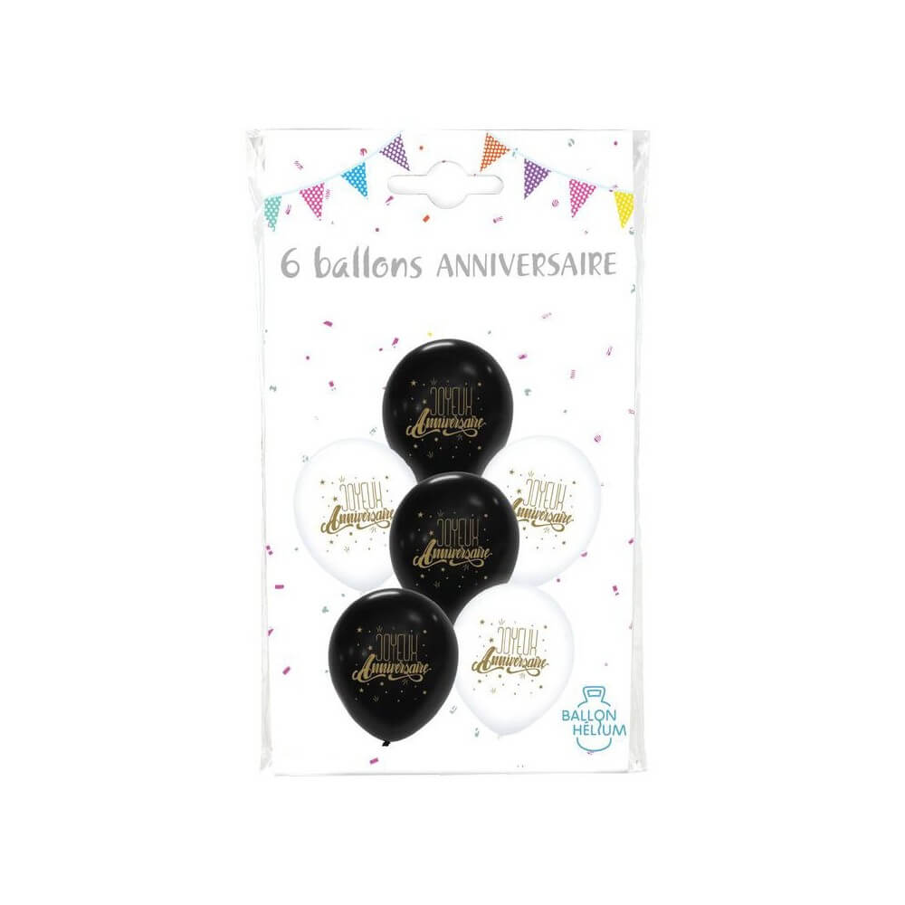 6 Ballons Joyeux Anniversaire Blanc / Noir 30 cm - 36456 - Ballons Latex Imprimés