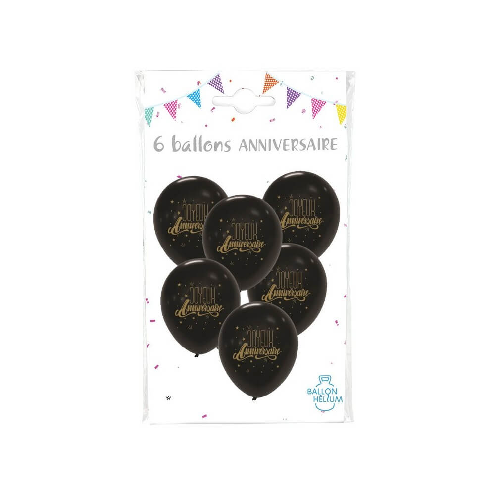 6 Ballons Latex Joyeux Anniversaire Noir 30 cm - 36456NO - Ballons Latex Imprimés