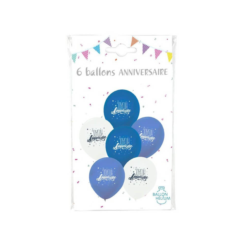 6 Ballons Bleus Joyeux Anniversaire 30 cm - 36457 - Ballons Latex Imprimés