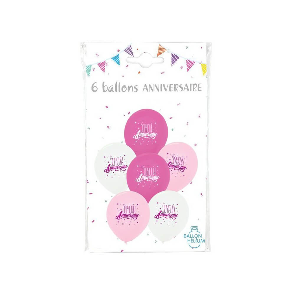 6 Ballons Roses Joyeux Anniversaire 30 cm - 36458 - Ballons Latex Imprimés