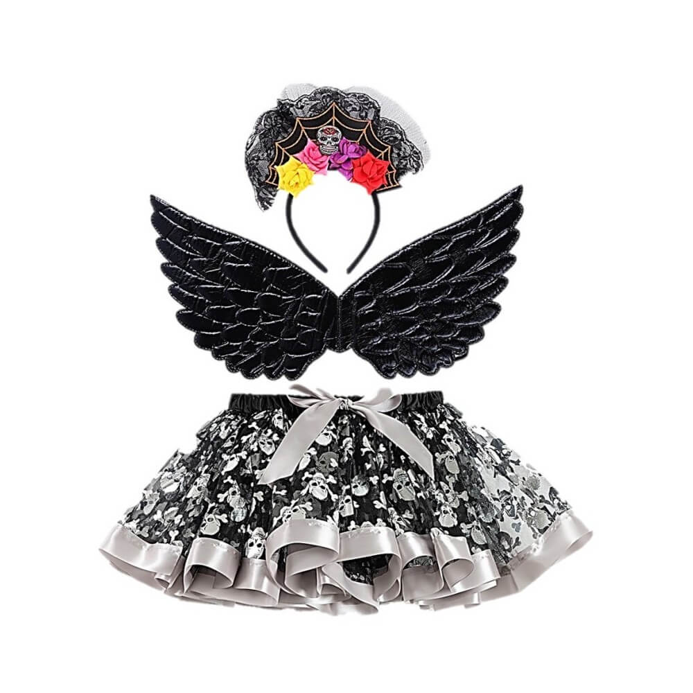 Set 3 Pièces Tutu + Ailes + Tiare Day of the Dead - 25714 - Costumes Halloween