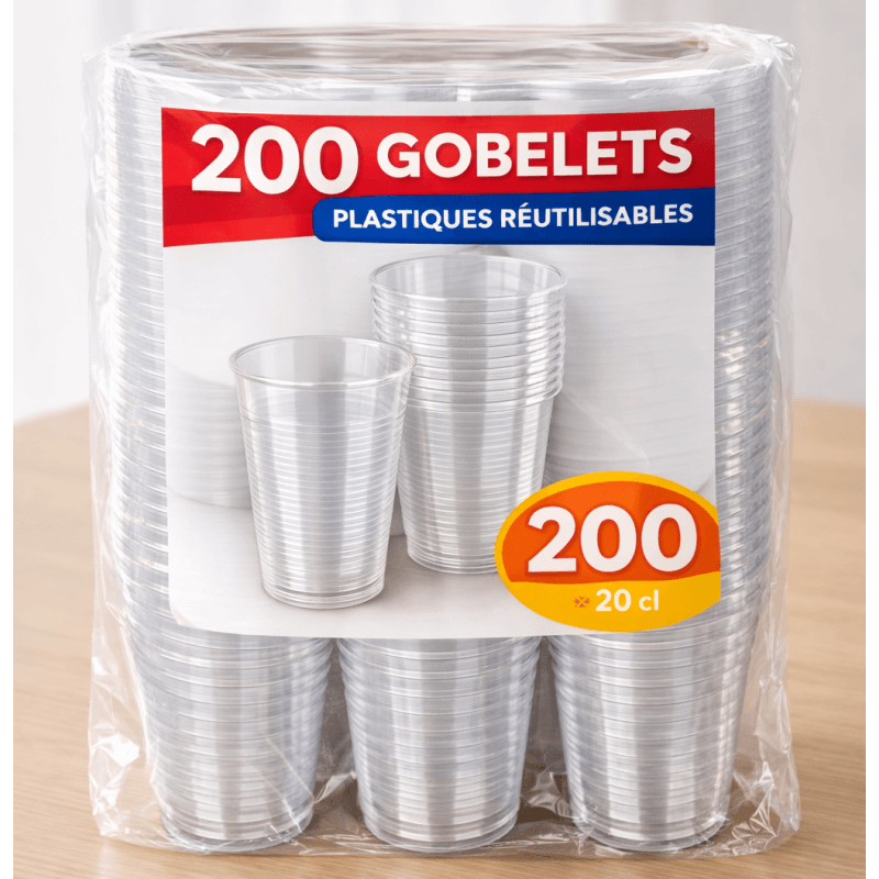 200 Gobelets plastiques transparents réutilisables 20 cl - 142178 - Gobelets