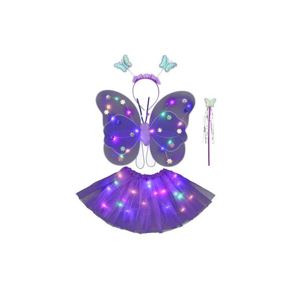 Set 4 Pièces Papillon Violet LED – Tutu, Ailes, Tiare & Baguette - 47001 - Costumes enfant