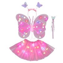 Set 4 Pièces Papillon Rose LED – Tutu, Ailes, Tiare & Baguette - 47002 - Costumes enfant