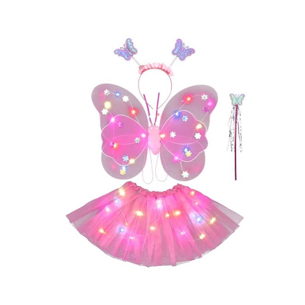 Set 4 Pièces Papillon Rose LED – Tutu, Ailes, Tiare & Baguette - 47002 - Costumes enfant