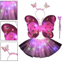 Set 4 Pièces Papillon Rose LED – Tutu, Ailes, Tiare & Baguette - 47002 - Costumes enfant