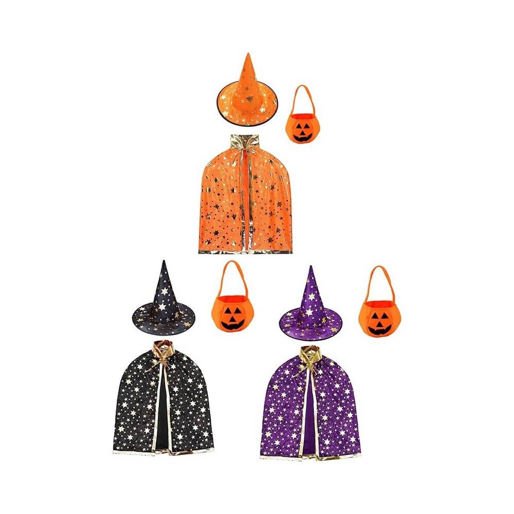 Set Sorcière 3 Pièces – Cape 80 cm, Chapeau 34 cm & Sac 28 cm, Couleurs aléatoire - 26205 - Costumes enfant