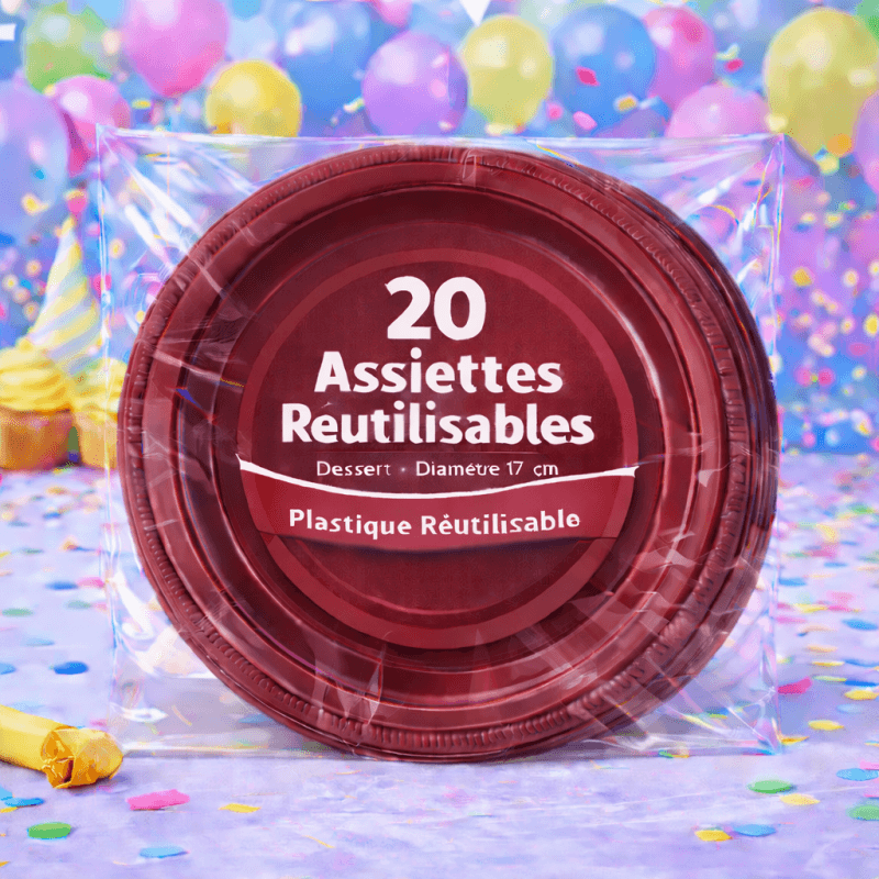 20 Assiettes rondes bordeaux 17 cm réutilisables - 141763 - Assiettes