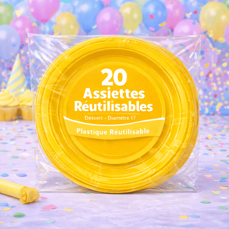 20 Assiettes rondes jaune 17 cm réutilisables - 141755 - Assiettes