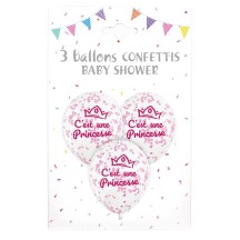 3 Ballons “C’EST UNE PRINCESSE” 30 cm – Confettis Papier Rose - 36680 - Ballons Latex Imprimés
