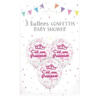 3 Ballons “C’EST UNE PRINCESSE” 30 cm – Confettis Papier Rose - 36680 - Ballons Latex Imprimés