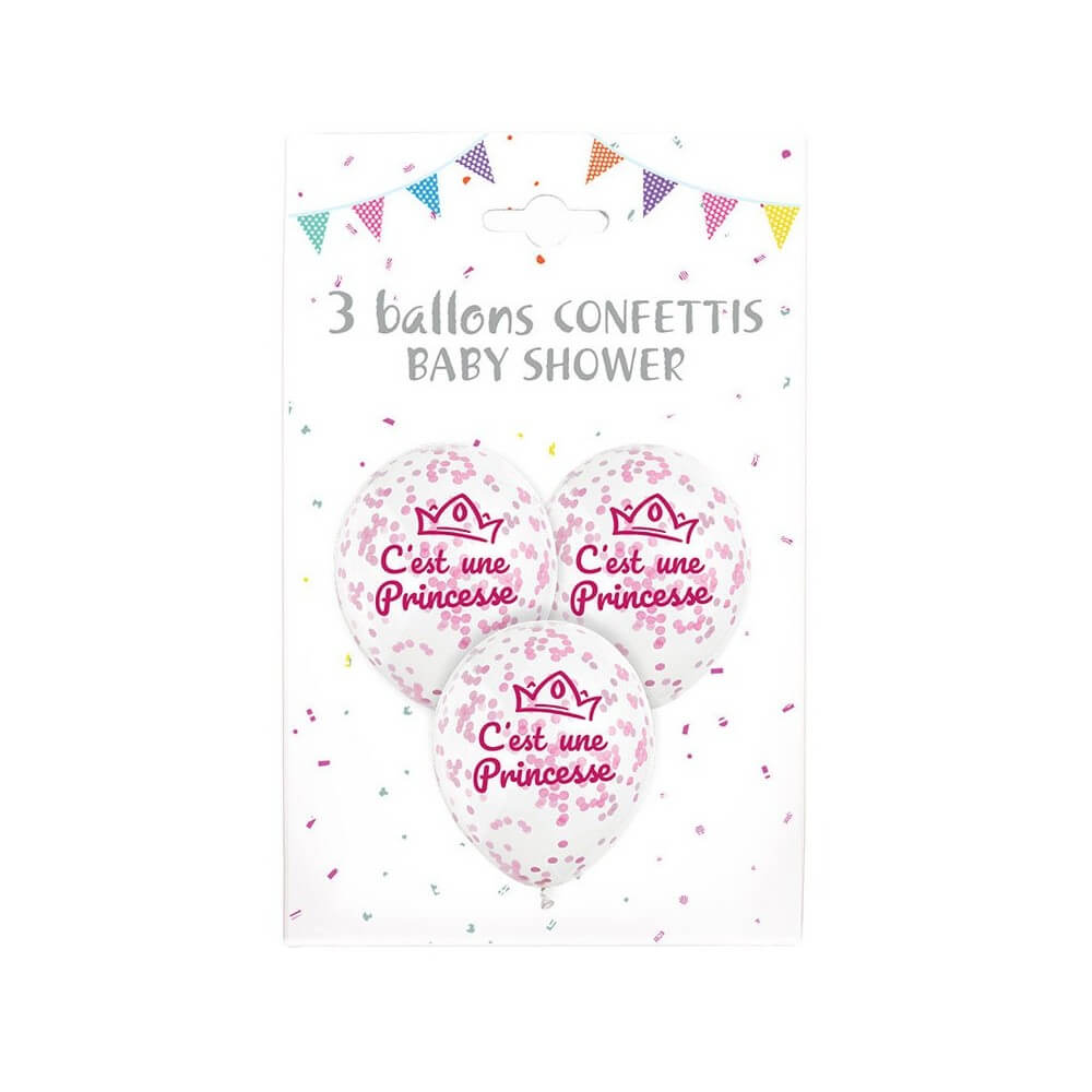 3 Ballons “C’EST UNE PRINCESSE” 30 cm – Confettis Papier Rose - 36680 - Ballons Latex Imprimés