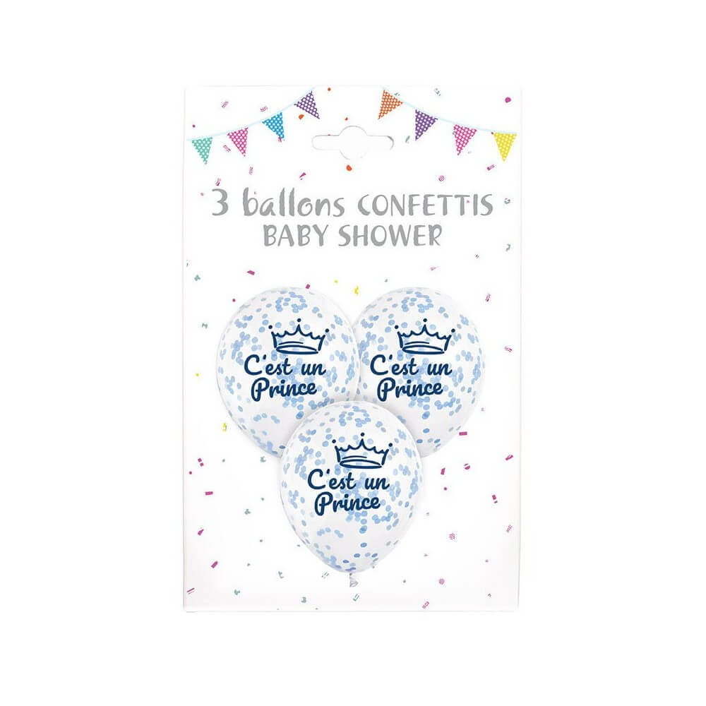 3 Ballons “C’EST UN PRINCE” 30 cm – Confettis Papier Bleu - 36681 - Ballons Latex Imprimés