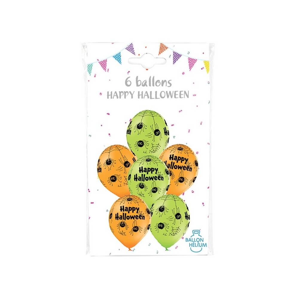 6 Ballons Latex 30 cm Happy Halloween – Araignées Vert & Orange - 36488 - Ballons Latex Imprimés