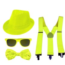Set 4 Pièces Sequin Néon Jaune – Chapeau, Nœud, Lunettes & Bretelles - 27865 - Lunettes fantaisie