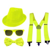 Set 4 Pièces Sequin Néon Jaune – Chapeau, Nœud, Lunettes & Bretelles - 27865 - Lunettes fantaisie