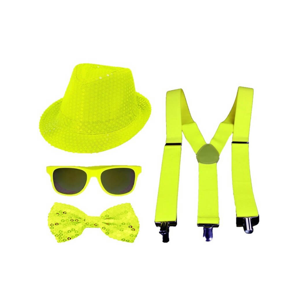 Set 4 Pièces Sequin Néon Jaune – Chapeau, Nœud, Lunettes & Bretelles - 27865 - Lunettes fantaisie