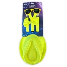 Set 4 Pièces Sequin Néon Jaune – Chapeau, Nœud, Lunettes & Bretelles - 27865 - Lunettes fantaisie
