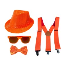 Set 4 Pièces Sequin Néon Orange – Chapeau, Nœud, Lunettes & Bretelles - 27866 - Lunettes fantaisie