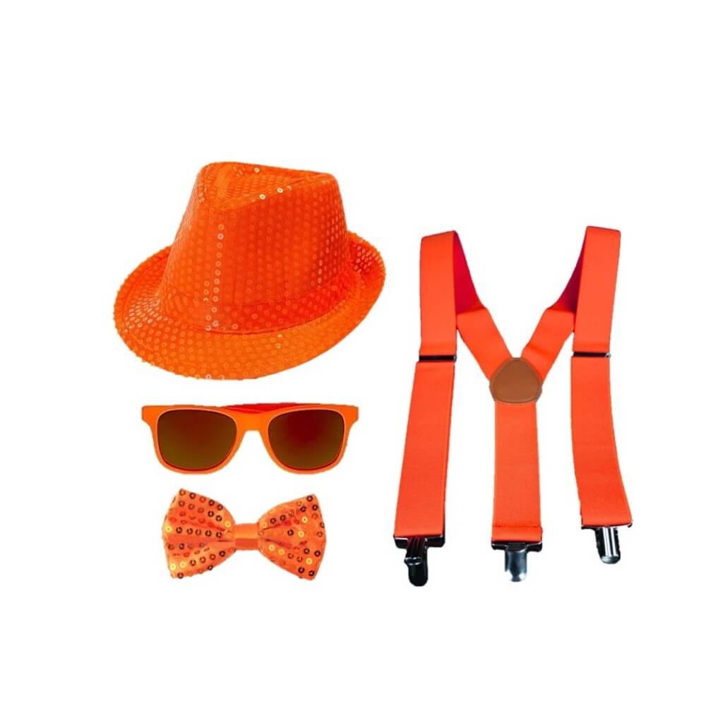 Set 4 Pièces Sequin Néon Orange – Chapeau, Nœud, Lunettes & Bretelles - 27866 - Lunettes fantaisie