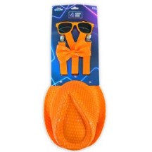 Set 4 Pièces Sequin Néon Orange – Chapeau, Nœud, Lunettes & Bretelles - 27866 - Lunettes fantaisie