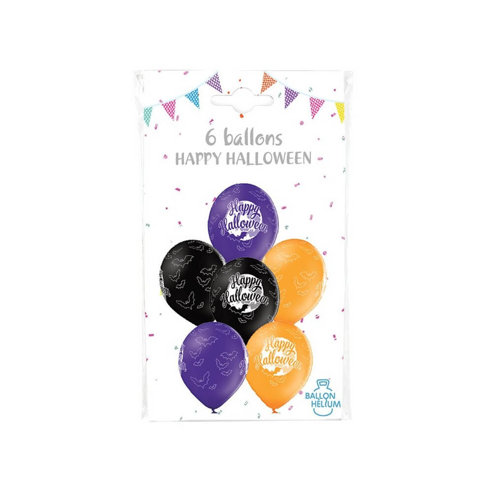 6 Ballons Latex 30 cm Happy Halloween – Noir, Orange & Violet - 36478 - Ballons Latex Imprimés