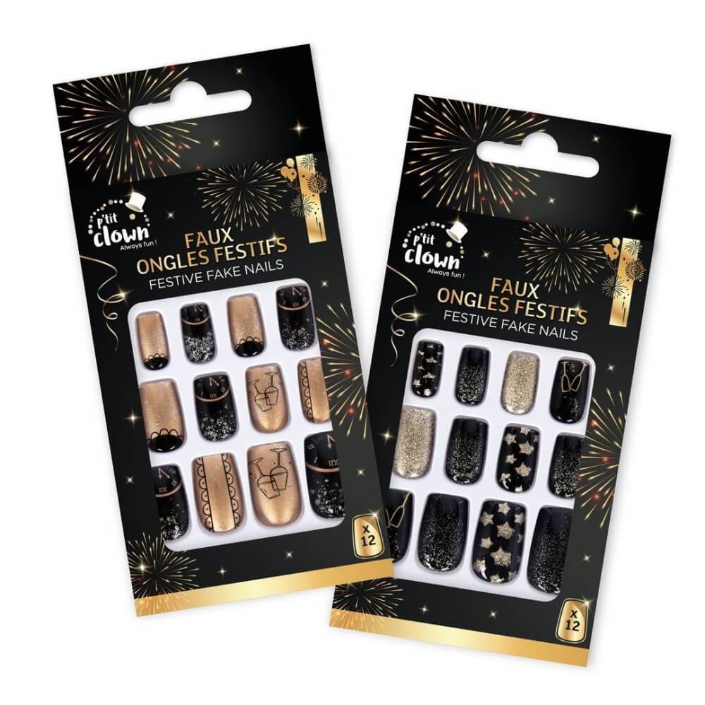 Faux Ongles – 2 Modèles Aléatoires – Or & Noir - 24366 - Faux Ongles & Faux Cils