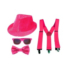 Set 4 Pièces Sequin Néon Rose – Chapeau, Nœud, Lunettes & Bretelles - 27864 - Lunettes fantaisie