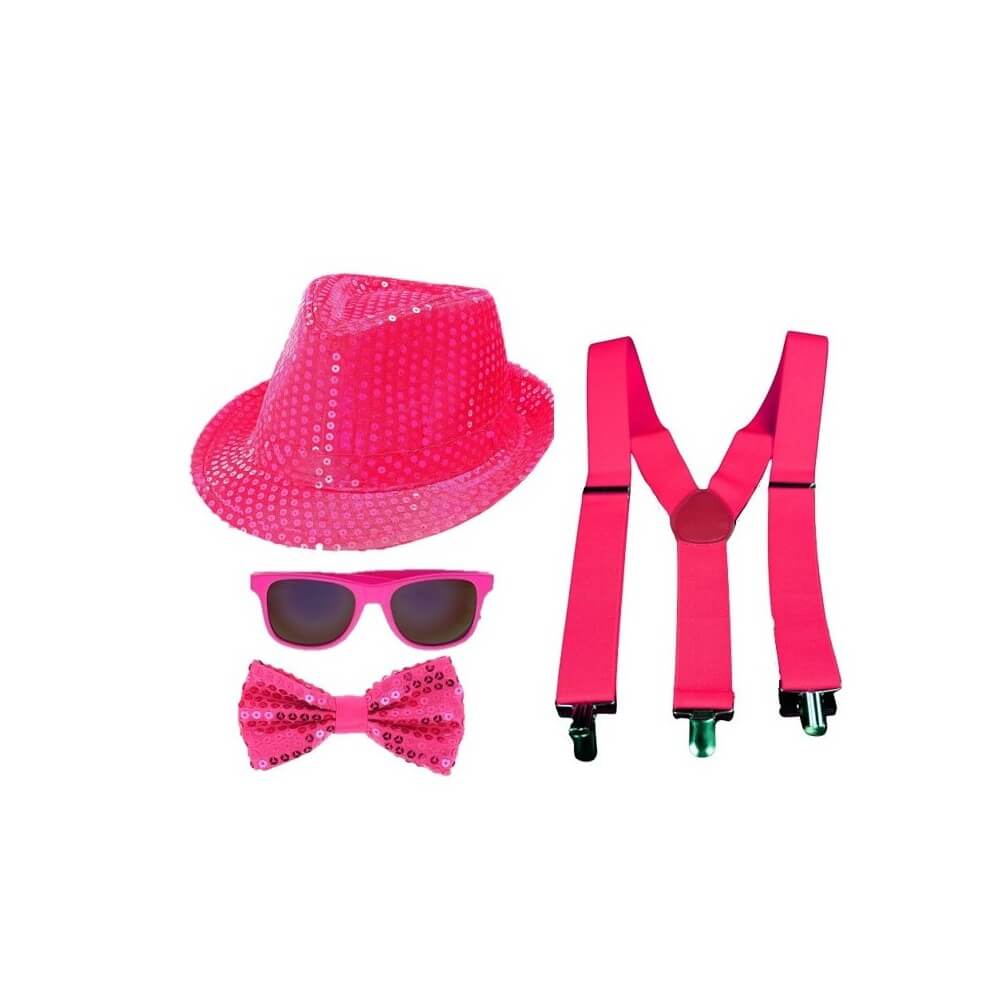 Set 4 Pièces Sequin Néon Rose – Chapeau, Nœud, Lunettes & Bretelles - 27864 - Lunettes fantaisie