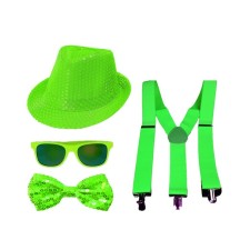 Set 4 Pièces Sequin Néon Vert – Chapeau, Nœud, Lunettes & Bretelles - 27863 - Bretelles & Kits Bretelles