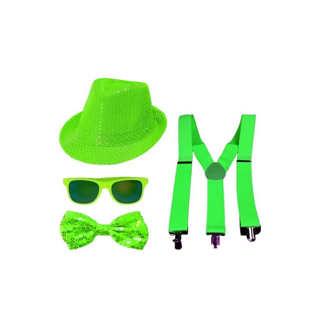 Set 4 Pièces Sequin Néon Vert – Chapeau, Nœud, Lunettes & Bretelles - 27863 - Bretelles & Kits Bretelles