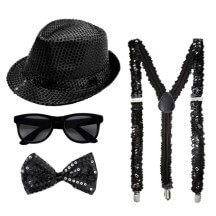 Set 4 Pièces Sequin Noir – Chapeau, Nœud, Lunettes & Bretelles - 27862 - Bretelles & Kits Bretelles