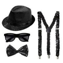 Set 4 Pièces Sequin Noir – Chapeau, Nœud, Lunettes & Bretelles - 27862 - Bretelles & Kits Bretelles
