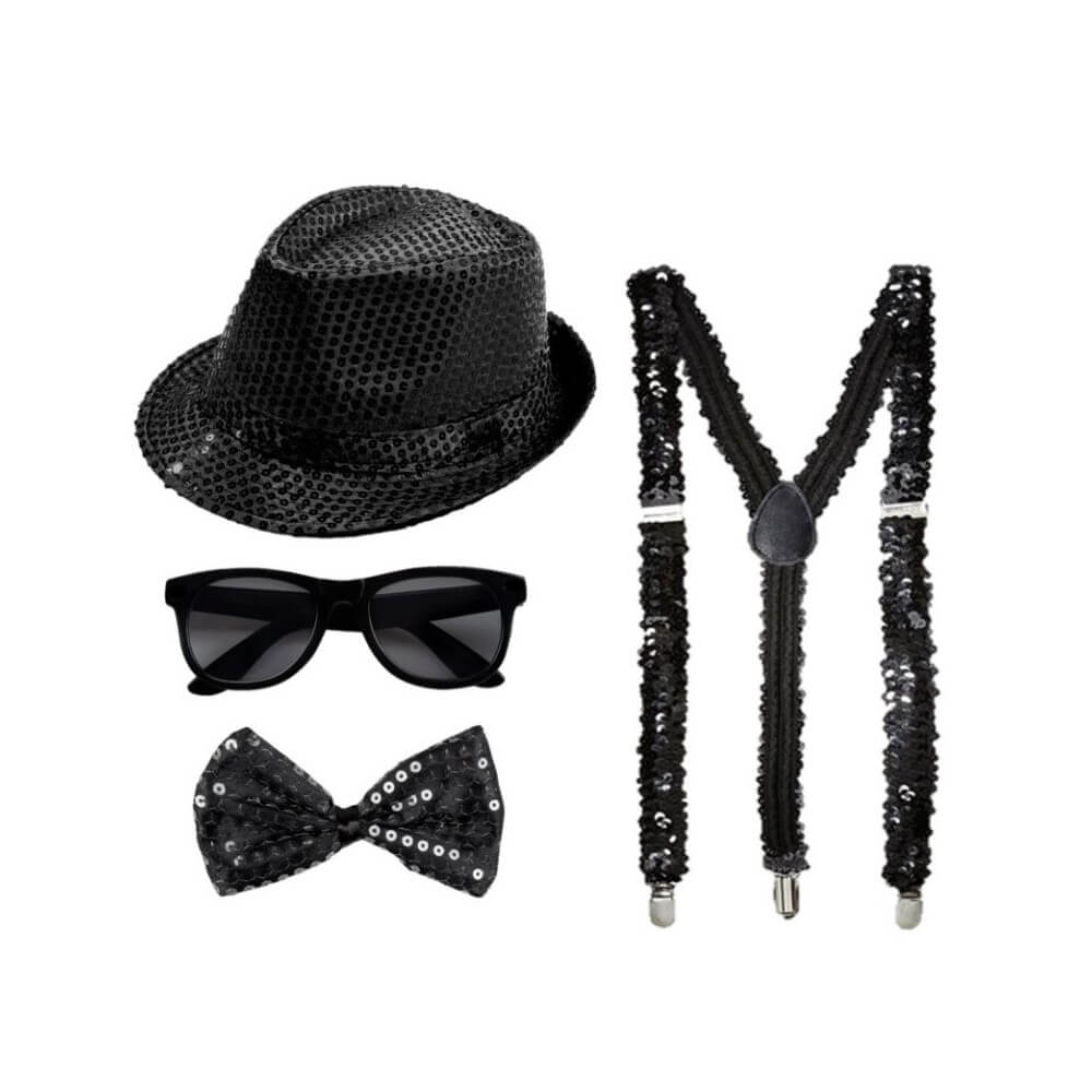 Set 4 Pièces Sequin Noir – Chapeau, Nœud, Lunettes & Bretelles - 27862 - Bretelles & Kits Bretelles