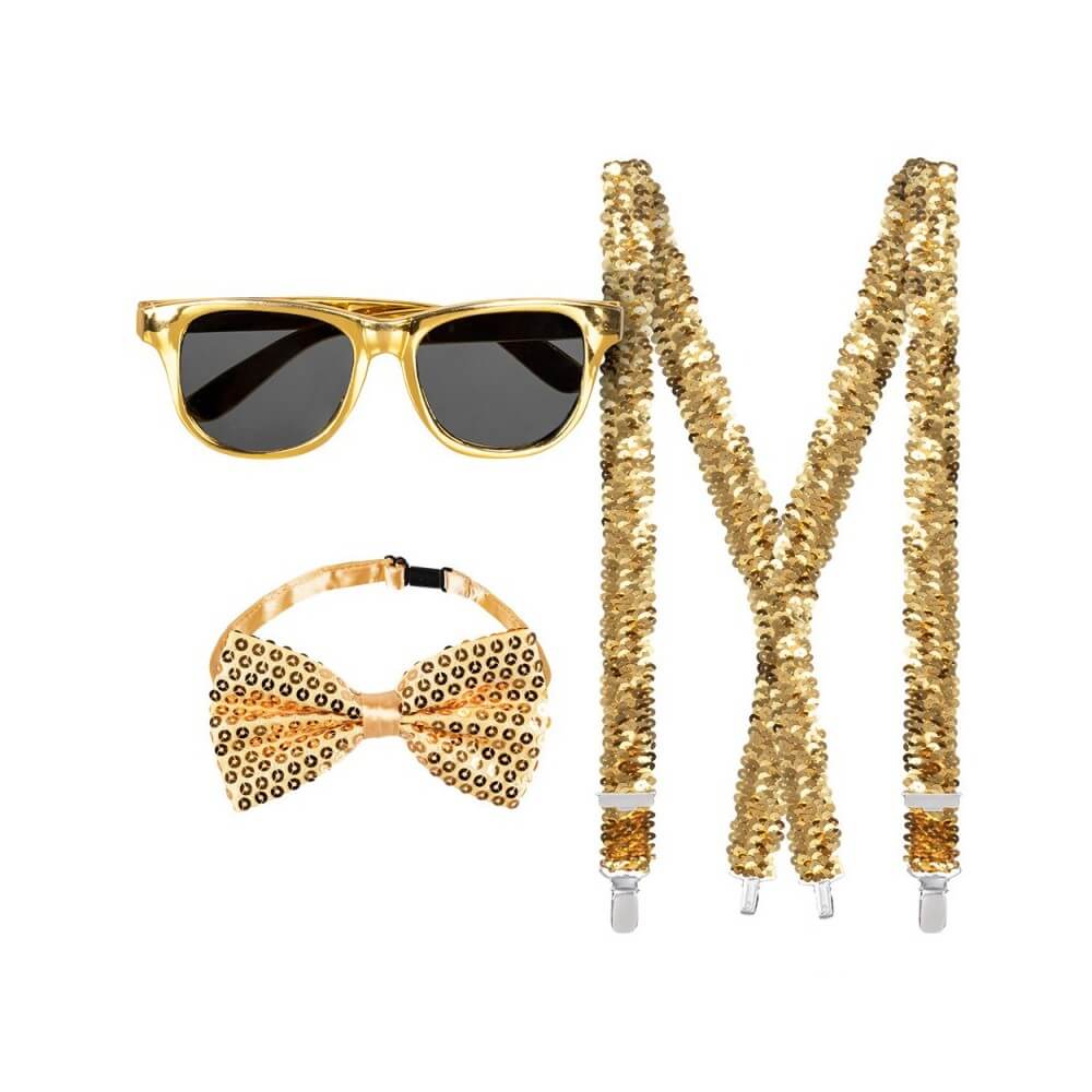 Set Or Disco Party – Lunettes, Nœud Papillon & Bretelles - B13485 - Bretelles & Kits Bretelles