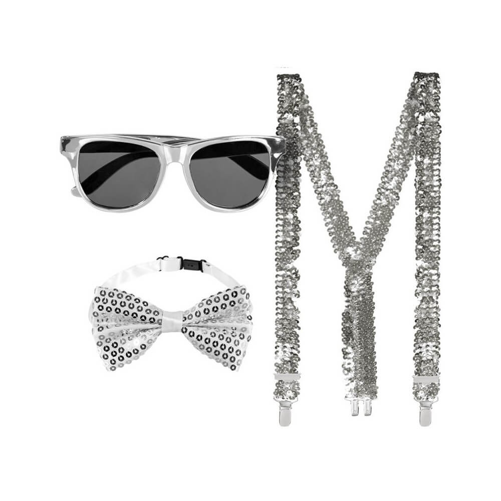 Set Argent Party – Lunettes, Nœud Papillon & Bretelles - B13486 - Bretelles & Kits Bretelles