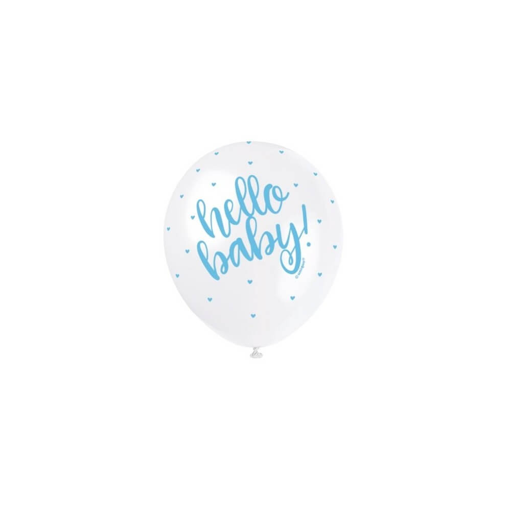 5 Ballons nacrés Hello Baby bleu 30 cm – Décoration baby shower pas cher | Fiesta Factory